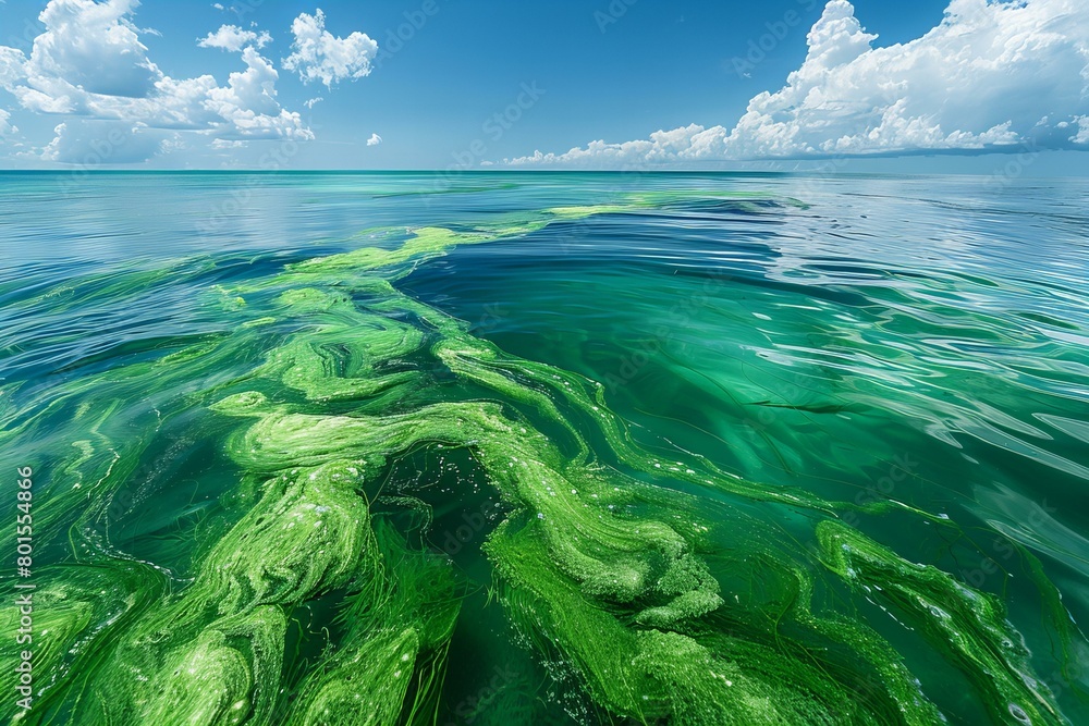 Vibrant Ocean Waves with Green Algae Patterns Under Sunny Sky