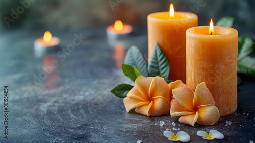  Two orange candles rest atop a black table, adorned with flowers