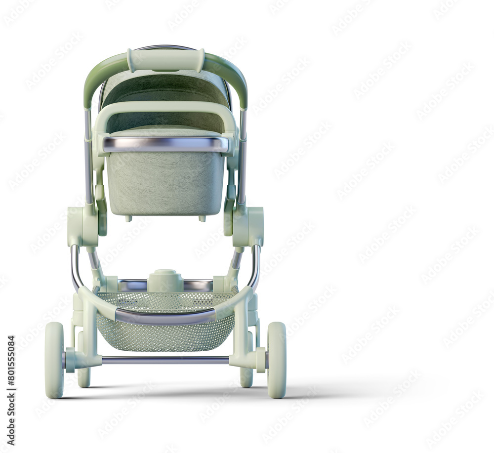 Light green leather baby stroller on transparent background. 3D render front view Light green leather baby stroller on transparent background. 3D render front view