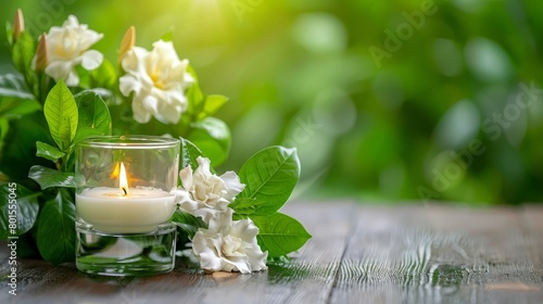  A candle atop a wooden table, next to a vase with white flowers and a green leaf