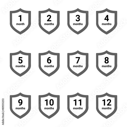 Set of product warranty shields. Icons with month numbers. Service  manufacturer warranty. Isolated vector icons  symbols for instruction design  product description