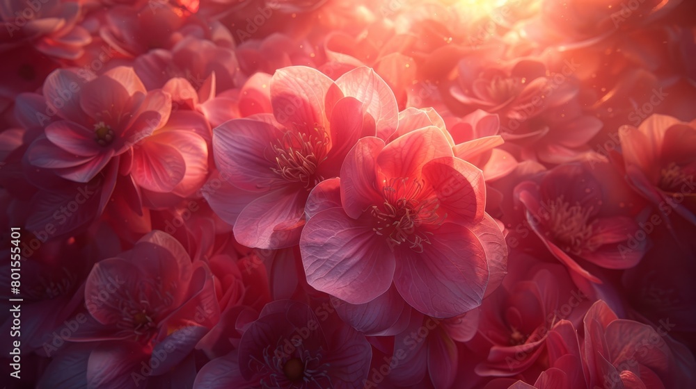A tight shot of blooming flowers, sun rays filtering through their sides A tight shot of blooming flowers, sun rays filtering through their sides