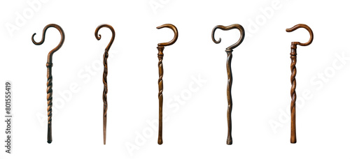 set of wooden crooks. Shepherd's crook. wood rod. intricate antique cane. Isolated transparent background PNG. Premium pen took cutout. Wizardry. Medieval object. Religious Shepherd concept. 