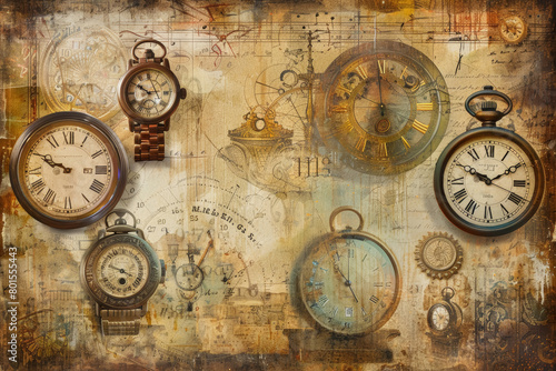 Antique Timepieces at 11:59 on Textured Background