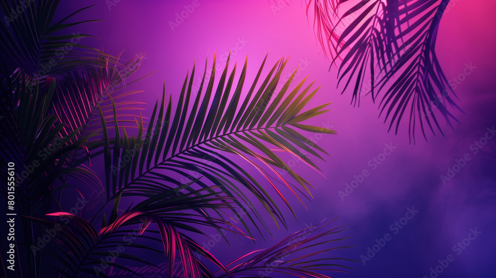 palm tree leaf against red and blue neon light background
