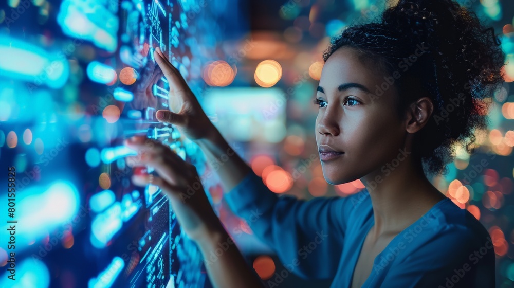 Fototapeta premium A woman in a future job controlling a giant digital screen