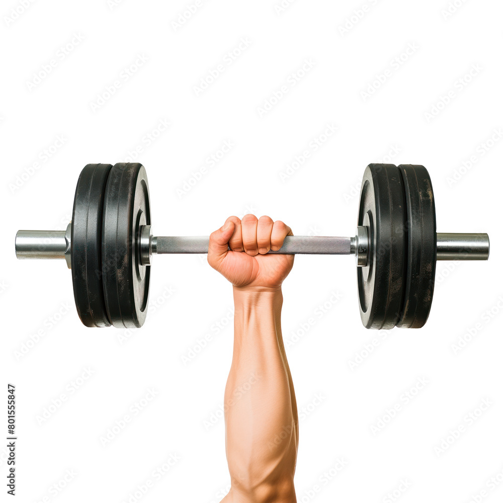 Hand holding a dumbbell isolated on a white or transparent background. Close-up of a dumbbell in hand, side view. Graphic design element on the theme of sports. Hand holding a dumbbell isolated on a white or transparent background. Close-up of a dumbbell in hand, side view. Graphic design element on the theme of sports.