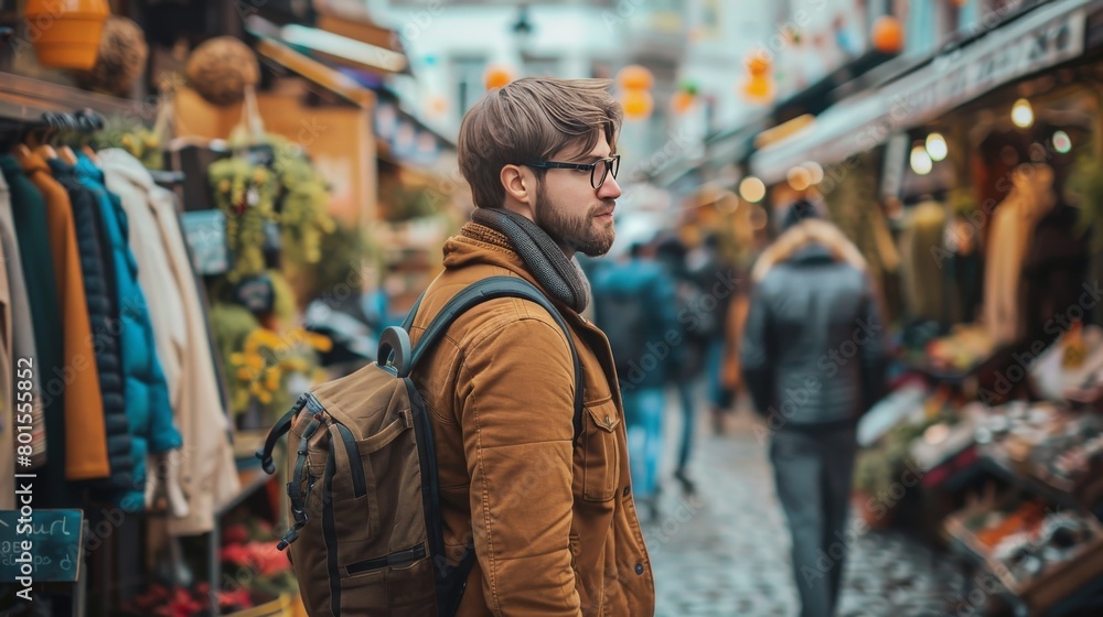 Obraz premium Tourist walking through a street market with many shops
