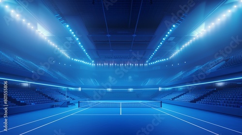 Empty indoor blue tennis court with bright lighting. Sports and fitness facility concept. © AIS Studio