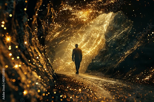 Man Walking Through a Mystical Tunnel of Golden Lights