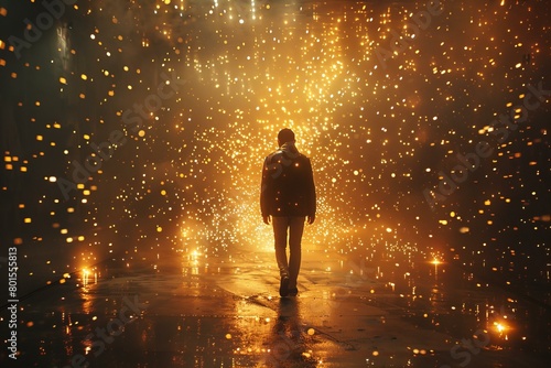 Man Walking in Dark, Sparkling Golden Area at Night