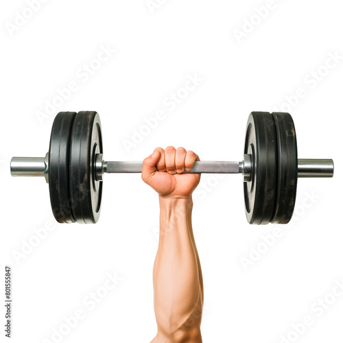 Hand holding a dumbbell isolated on a white or transparent background. Close-up of a dumbbell in hand, side view. Graphic design element on the theme of sports.