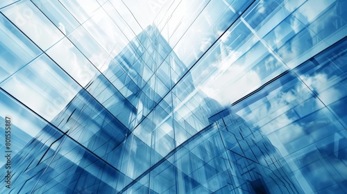 Abstract glass architecture with reflections and blue sky. Modern construction and design concept