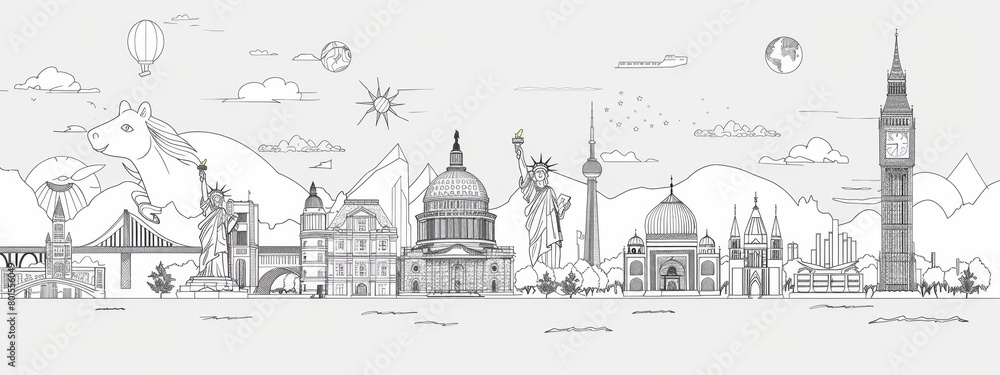 Fototapeta premium Line art illustrations of iconic landmarks from around the world, suitable for travel-related content.