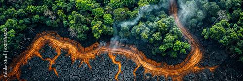 Drone shot of a burned forest in contrast to green living trees photo