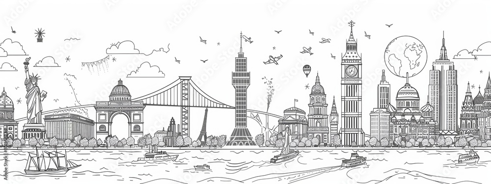 Line art illustrations of iconic landmarks from around the world, suitable for travel-related content. Line art illustrations of iconic landmarks from around the world, suitable for travel-related content.