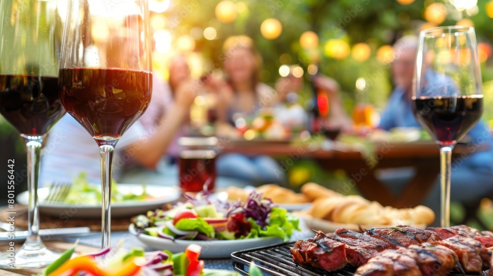 Backyard dinner table have a tasty grilled BBQ meat, Salads and wine with happy joyful people on background