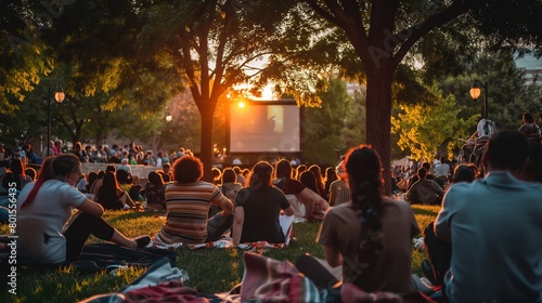 An outdoor film screening with people sitting on blankets and lawn chairs