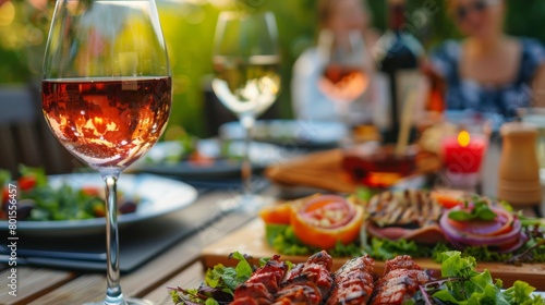 Backyard dinner table have a tasty grilled BBQ meat  Salads and wine with happy joyful people on background