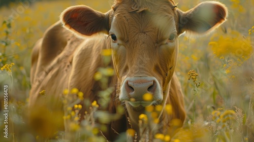 Brown cow among yellow wildflowers at sunset. Close-up with warm light.