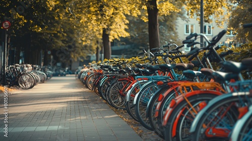 A bicycle-sharing station with rows of bikes for rent photo