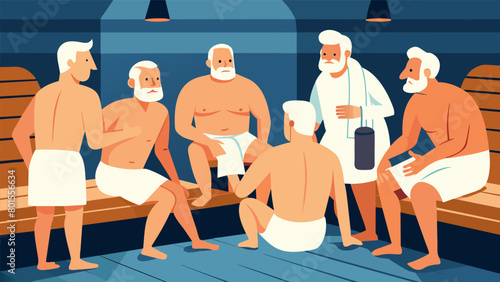 Wearing nothing but towels around their waists a group of veterans enter the sauna one by one each taking a seat on the wooden bench and exchanging.