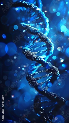 Abstract sparkling blue DNA double helix illustration with bokeh lights