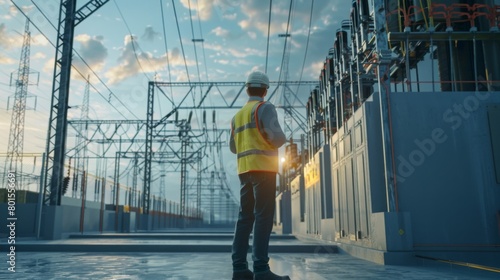 Electrical substation engineer inspect modern high-voltage equipmen