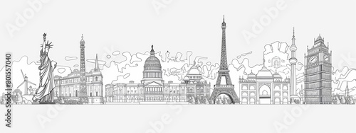 Line art illustrations of iconic landmarks from around the world, suitable for travel-related content.