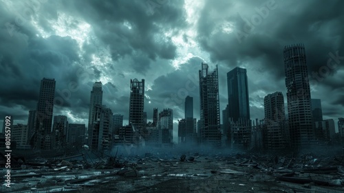 Devastated city skyline against a backdrop of ominous clouds