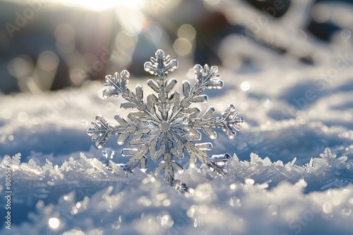 Close-Up of a Sparkling Snowflake on Snow Under Sunlight