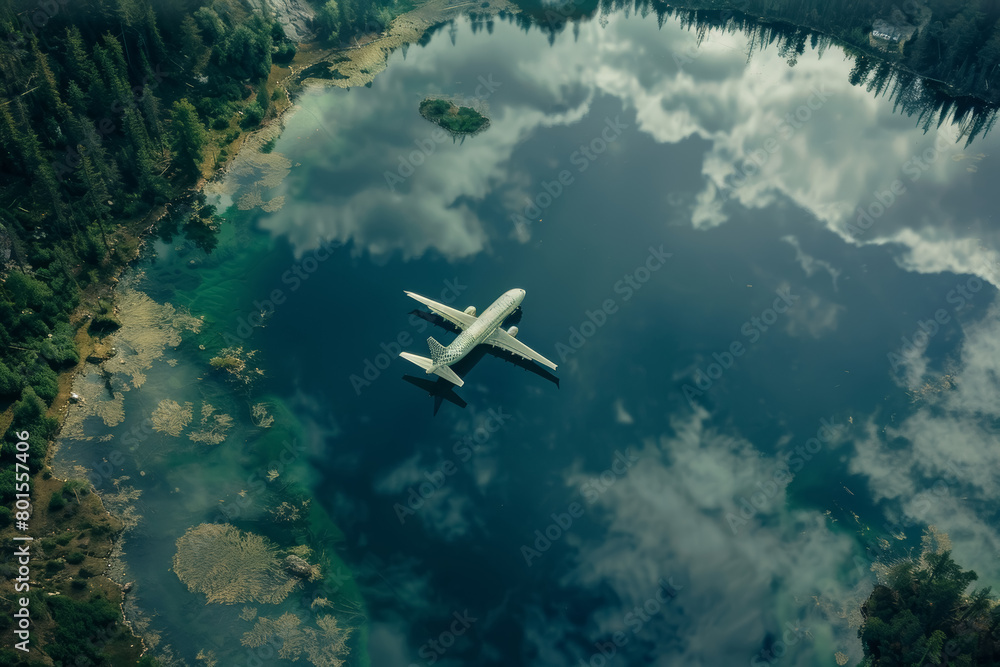 Naklejka premium Airplane Approaching Lake Reflection Aerial View