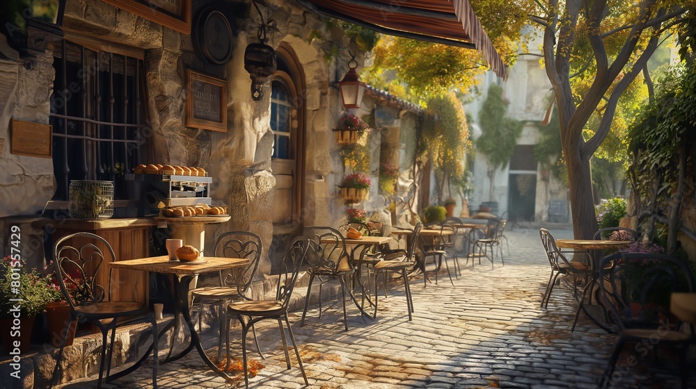 A charming outdoor cafe, with guests seated at wrought-iron tables, sipping coffee and enjoying freshly baked pastries as they soak up the sunshine.