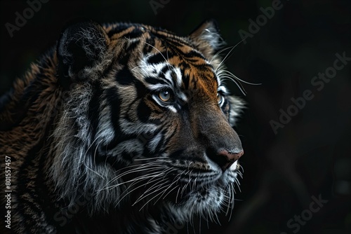 Majestic Tiger Head Close-Up Against a Dark Black Background