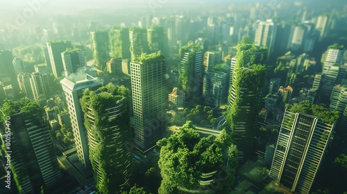 A city skyline dotted with green roofs and vertical gardens, mitigating the urban heat island effect.