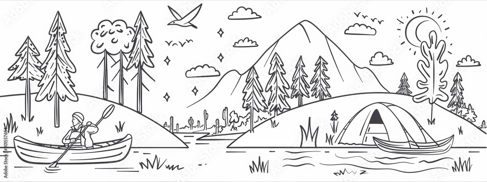 Fototapeta premium Line art illustrations of outdoor activities such as hiking, camping, and kayaking.