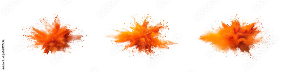 Set bundle Orange color powder dust explosion PNG transparent background isolated graphic resource. Celebration, colorful festival, run or party element