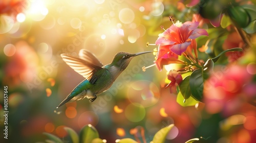 A close-up of a hummingbird hovering in mid-air, feeding from the nectar of a brightly colored flower.