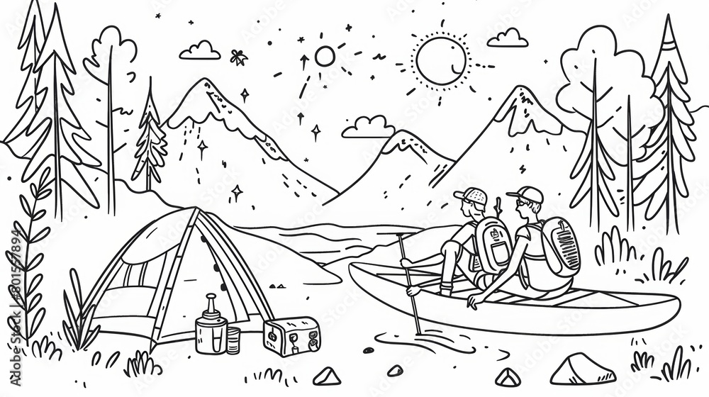 Line art illustrations of outdoor activities such as hiking, camping, and kayaking.