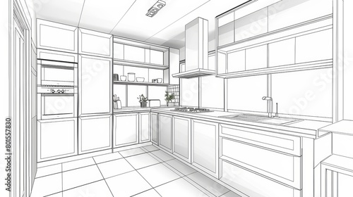 Contemporary kitchen design sketch with 3D perspective. Interior design concept for design and print