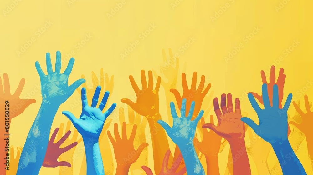 Watercolor raised hands on a yellow background. Watercolor painting