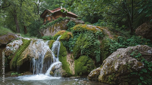 A small wooden house sits on a cliff above a waterfall. The waterfall is surrounded by green moss and trees.  