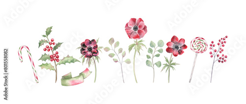 Set of watercolor illustration of the red anemones, holly, winter berries, eucalyptus, candy cane and lollipop. Elegant Christmas clipart in a traditional green and red colors, isolated on transparent photo