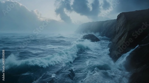 A coastal scene with rugged cliffs overlooking a turbulent ocean at dusk