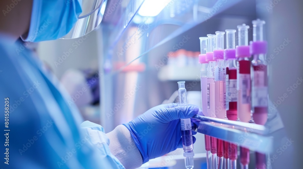 A person in a lab setting holding a tube filled with blood for medical testing and analysis. A person in a lab setting holding a tube filled with blood for medical testing and analysis.