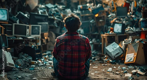 Man sitting surrounded by trash addicted to online gaming viewed from behind. Concept Technology Addiction, Environmental Degradation, Virtual Reality, Isolation, Digital Detox