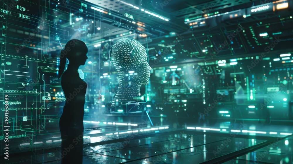 Silhouette Against the Data Sphere: A Human Form Engulfed by a World of Digital Information
Silhouette Against the Data Sphere: A Human Form Engulfed by a World of Digital Information