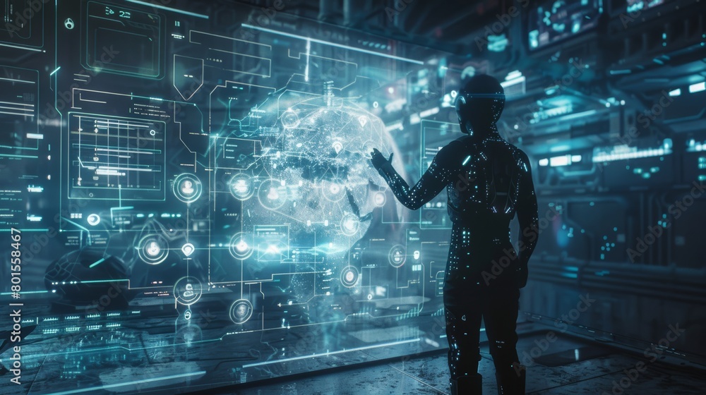 Silhouette Against the Data Sphere: A Human Form Engulfed by a World of Digital Information
Silhouette Against the Data Sphere: A Human Form Engulfed by a World of Digital Information