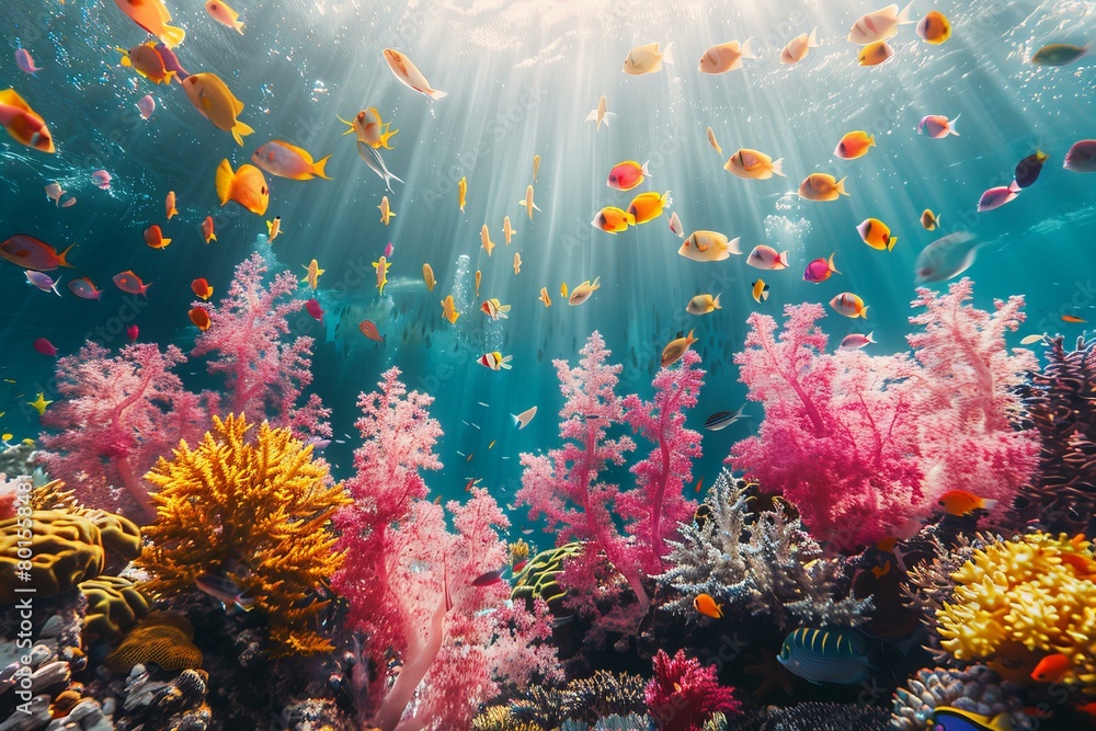 Vibrant Coral Reef Abundant with Colorful Fish and Sunbeams