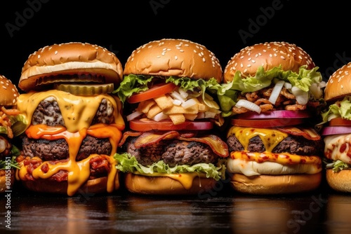 Various hamburger types displayed on table as staple fast food dish photo